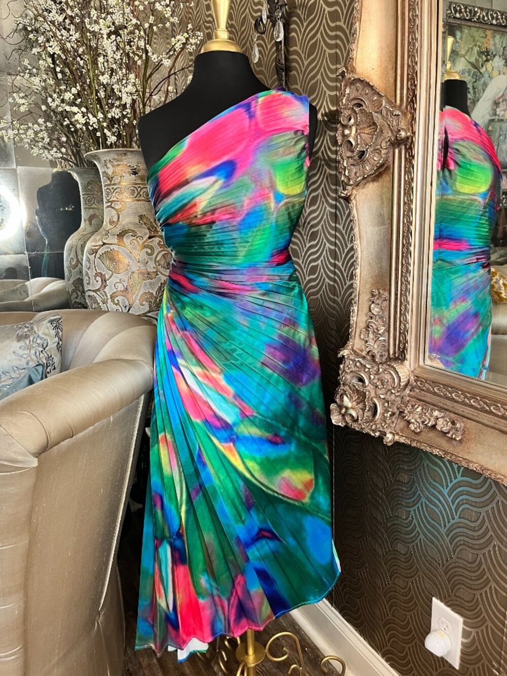 AKIRA Label watercolor pleated satin midi dress - Picture 3 of 6